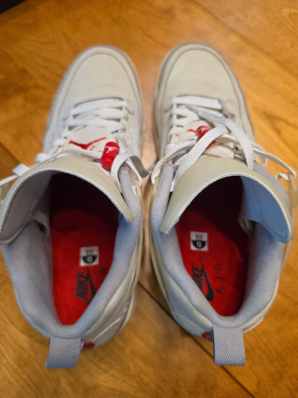 Air Jordan Men’s Spizike Mid-Top Sneakers in Light Gray with Red Logo Size 13